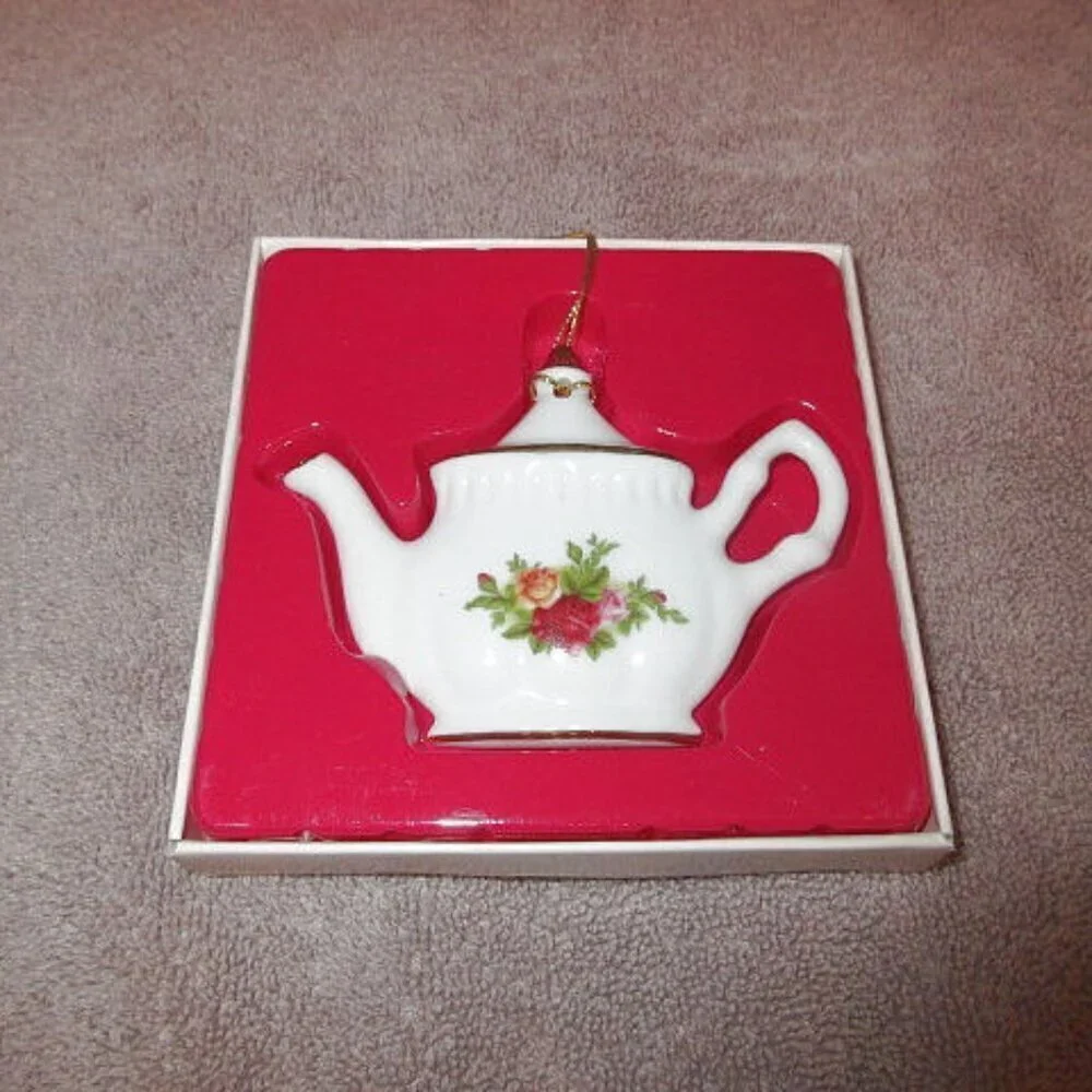 NOS Vtg Royal Albert China Teapot Christmas Ornament Holiday Country Roses Box